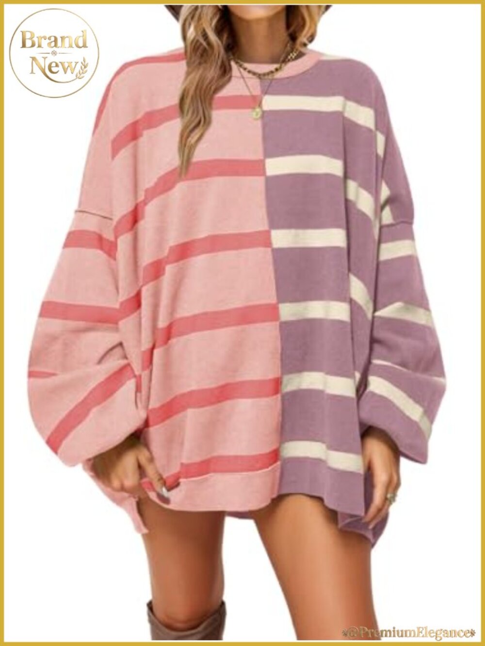 Women's Striped Pullover Sweater Crew Neck Long Sleeve Loose Knit Top